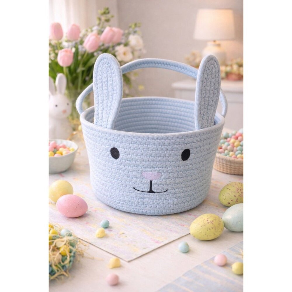 New Farmhouse Woven Blue Bunny Easter Gift Basket W/ Ears Kids Boy